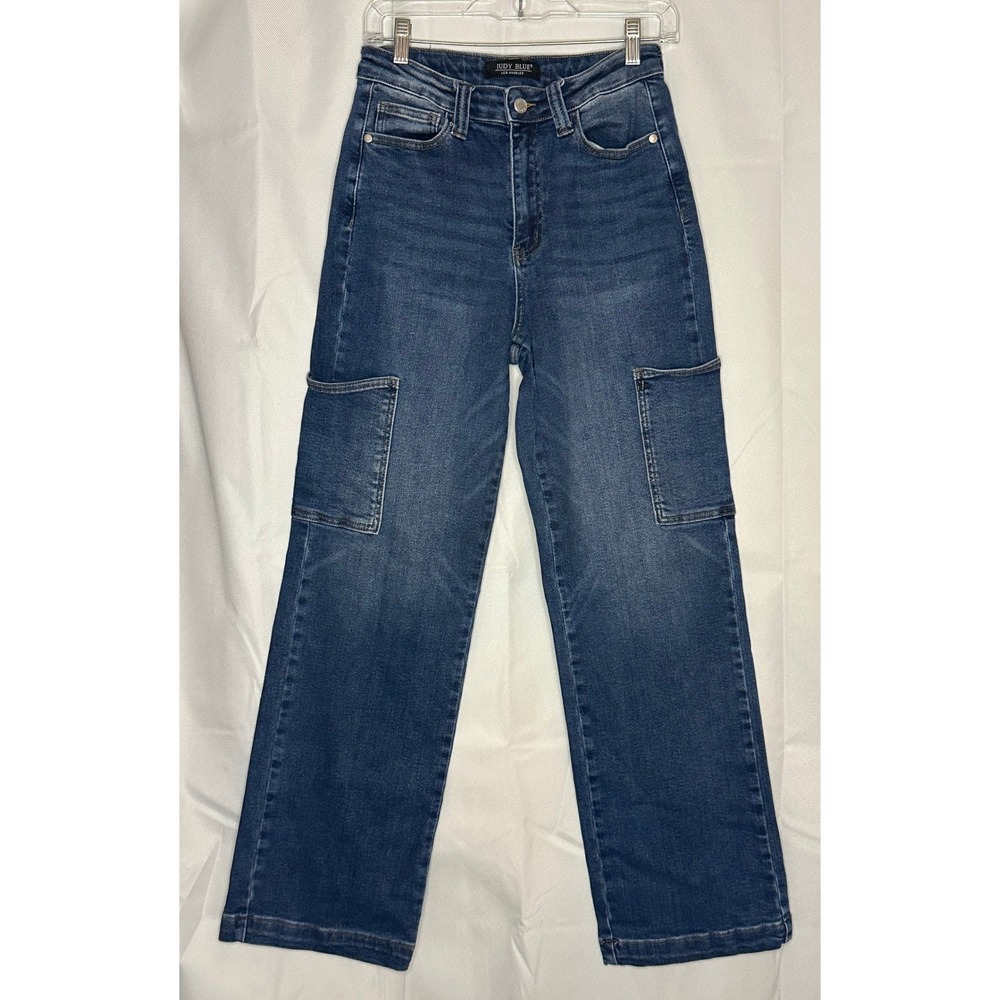 Judy Blue High Rise Cargo Jeans 7/28 Dark Wash Straight Leg Utility Y2K Stretch - Picture 1 of 7